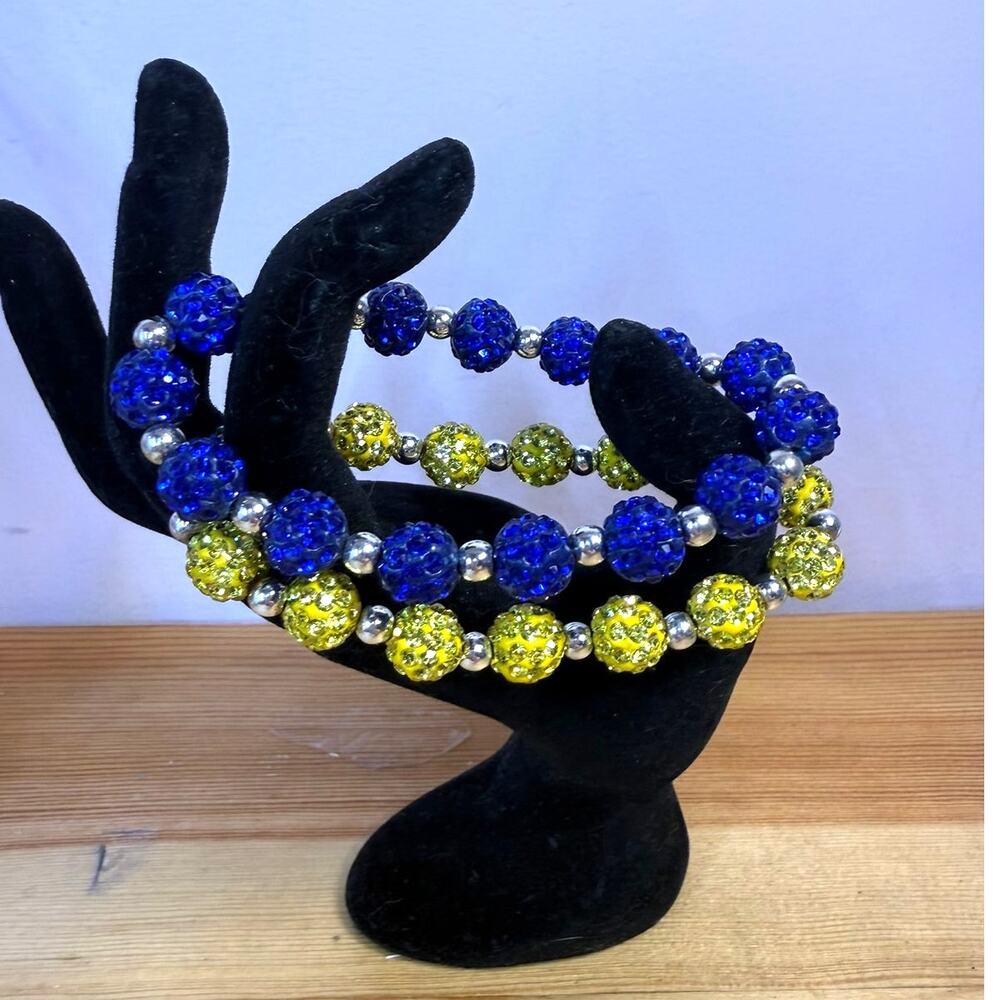 2pc Blue Yellow Rhinestone Disco Ball Beaded Stretch Bracelet Set